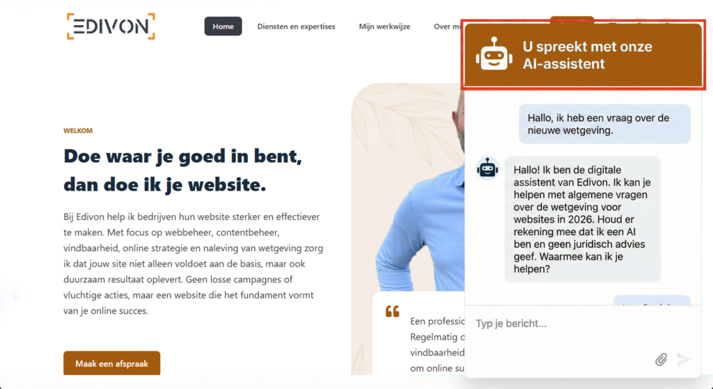 Visualisatie van een transparante AI-chatbot op een website, voorzien van de verplichte melding over algoritme-interactie.