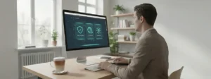 Een zakelijke setting met een laptop die een beveiligde websiteomgeving toont, symbool voor de nieuwe wetgeving websites in 2026.