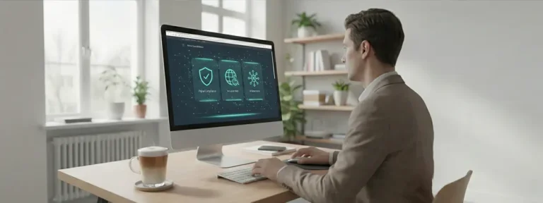 Een zakelijke setting met een laptop die een beveiligde websiteomgeving toont, symbool voor de nieuwe wetgeving websites in 2026.