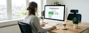 Vrouw vult de interactieve Edivon website keuzehulp in op haar computerscherm voor advies over nieuwe website ontwikkeling en website beheer. Op haar bureau staat een latte macchiato.