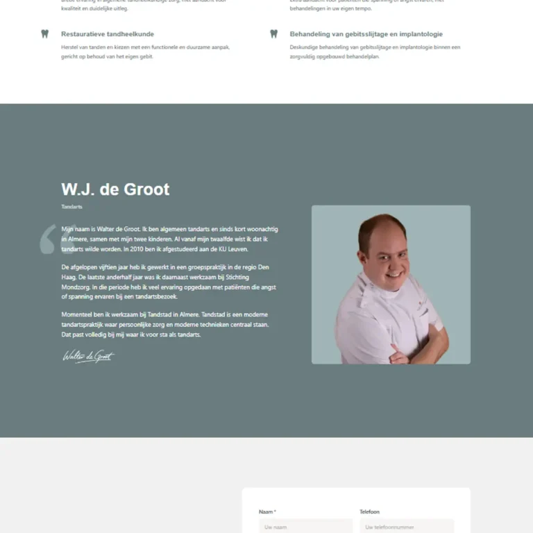 singlepage website tandarts W. J. de Groot gemaakt door Edivon